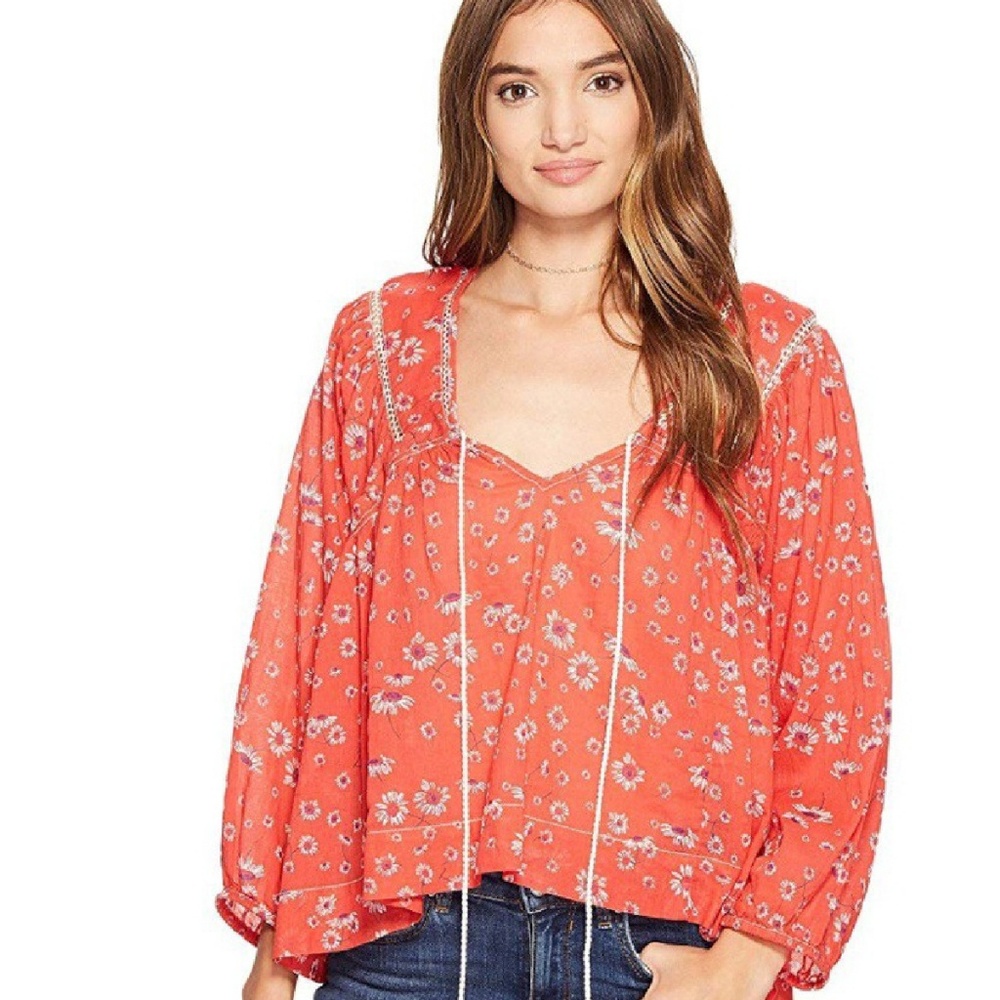 NWT Free People Red Boho Daisy Cotton Blouse Sm